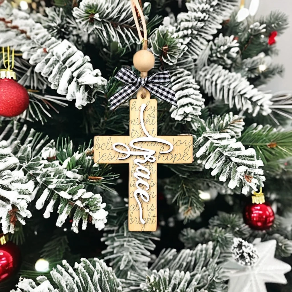 ZSHCH1704 White Lacquered Wood Boards UV Printed Crosses Graphic Design for Christmas  Ornaments