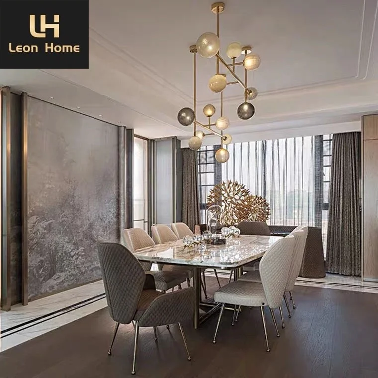 Wholesale price luxury design rectangular desktop marble dining room tables and chairs set home furniture