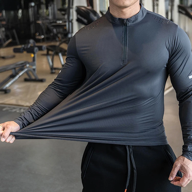 1/4 zipper gym wear fitness clothing full sleeve t shirt for men