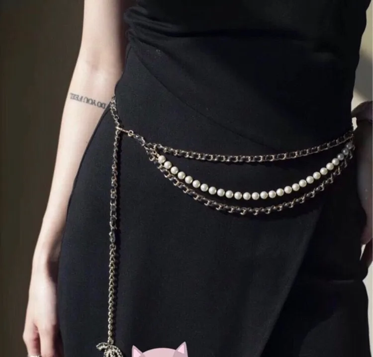 Black and gold alphabet waist chain imitation leather stringing rope pearl copper chain belt ladies dress accessory belt