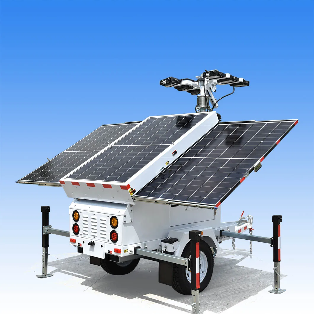 Solar light tower hydraulic mast 600W LED lights 6 batteries retractable solar panels