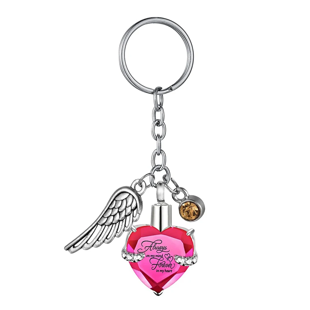 Heart with Birthstone and Angel Wing Pendant Memorial Key Chain Cremation Urn for Ashes Keepsake Key Ring Jewelry to Men Women