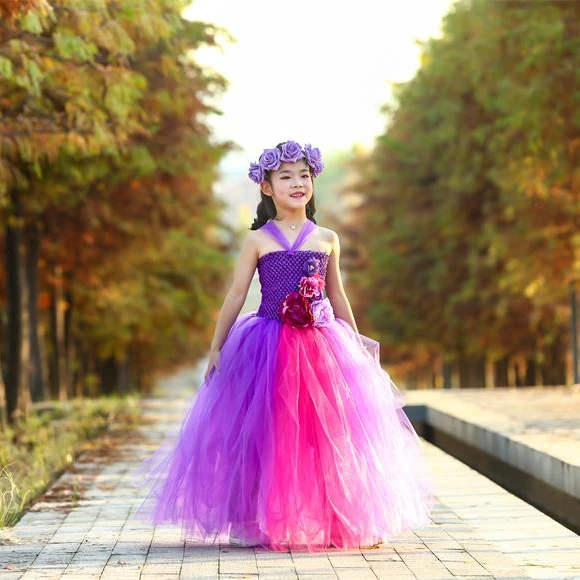OUHENG 2-12 Year Purple Party Wear Princess New Beautiful Ball Gown Flower Tulle Girl Dresses