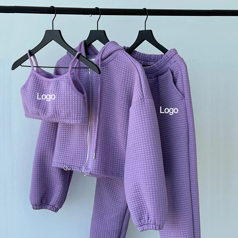 Cotton Wafflee Crop Tueb Top + Sweatpants + Hoodie Jackets Adjustable Joggers Baggy Sleeves Fall Winter 3 Pieces Set Sweatsuit