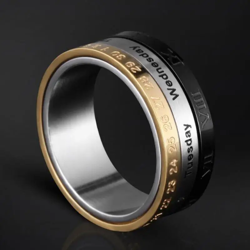 new fashion date weeks letter rotating ring clock stainless steel stacking rings men sets jewelry
