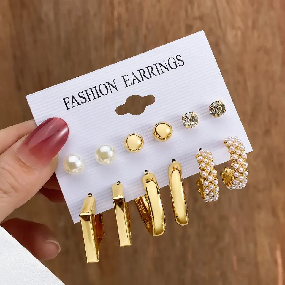 New Fashion Heart Pearl Gold Plated Big Hoop Earrings Set For Women Jewelry