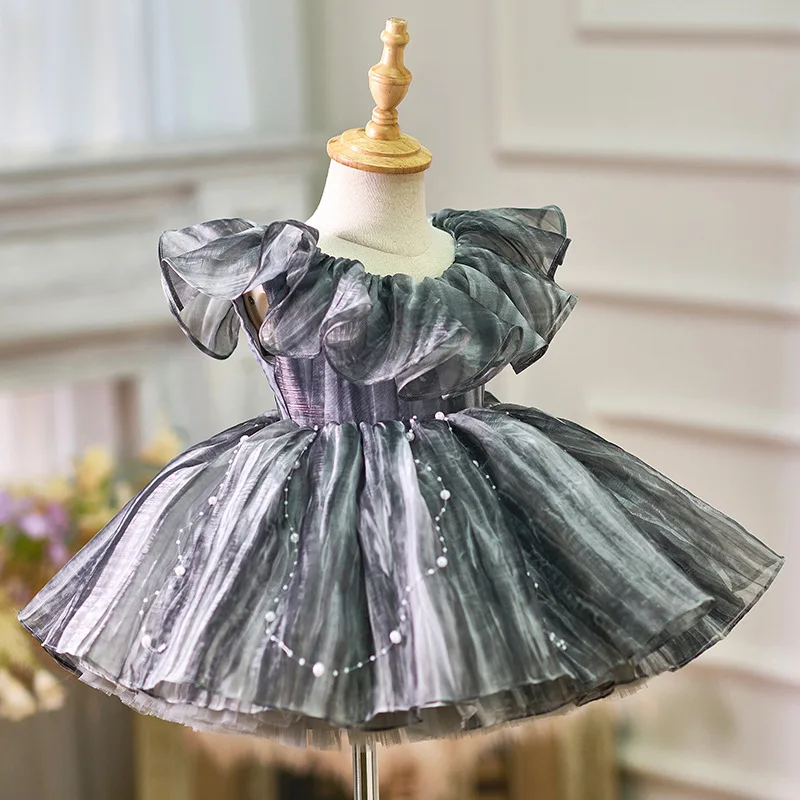 2025 Newest High Grade Princess Grey Elegant Birthday Dress Kids Pearl Prom Gown Children Piano Performance Costume Dresses