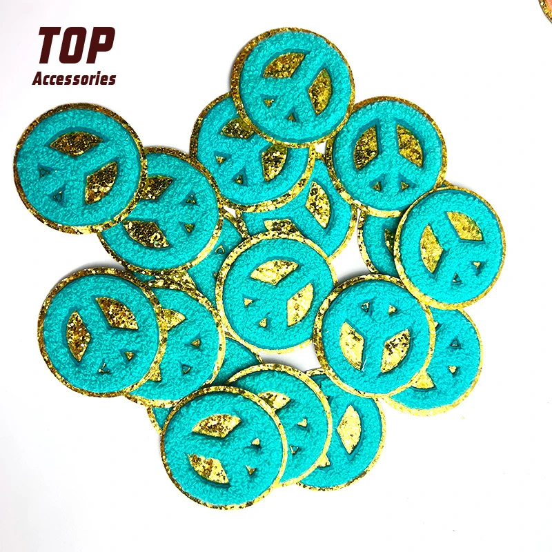 Handmade Peace Symbol Chenille Iron-on Patches Glitter Sequins Decoration With Gold Fabric Cotton PVC Custom Embroidery 10 Pcs