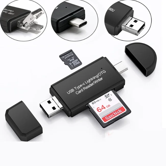 Custom Logo Usb 2.0 Multi Function Card Writer Type C Micro Usb Otg Adapter Sd Tf Card Reader Flash Drive For iPhone
