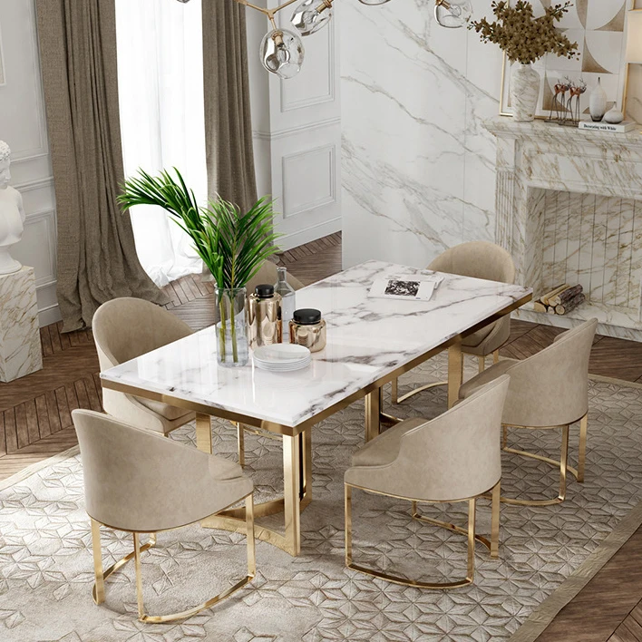 stainless steel leg marble dining table chairs dining room sets modern luxury marble stone top metal dining tables sets