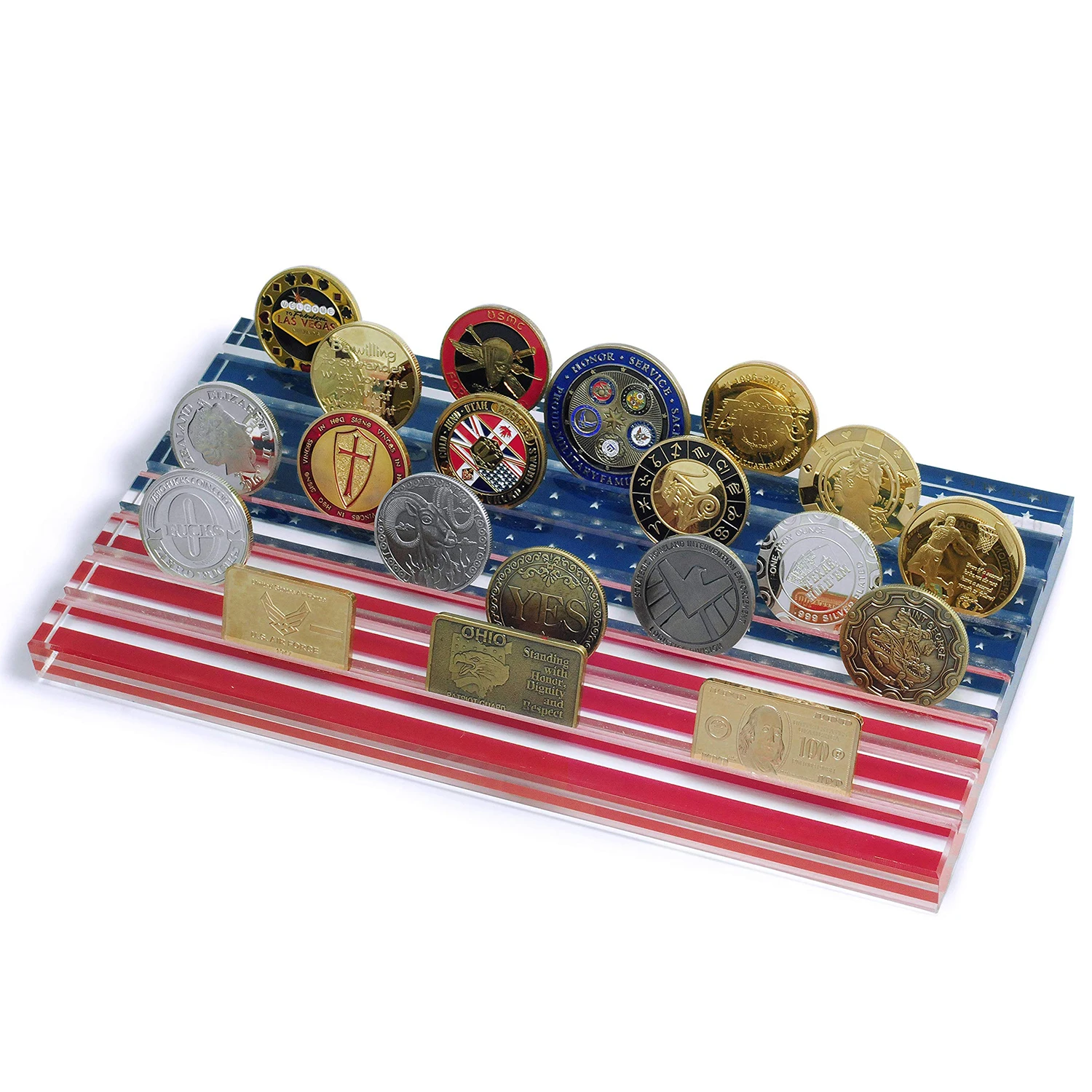 7 Row Challenge Coin Display Case Military Coin Stand Casino Chip Holder Acrylic Rack (American Flag)