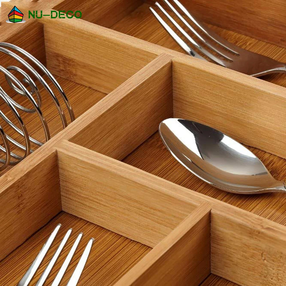 100% Натуральный Бамбуковый растягивающийся кухонный Регулируемый лоток для столовых приборов, ящик-органайзер с ножом-блоком