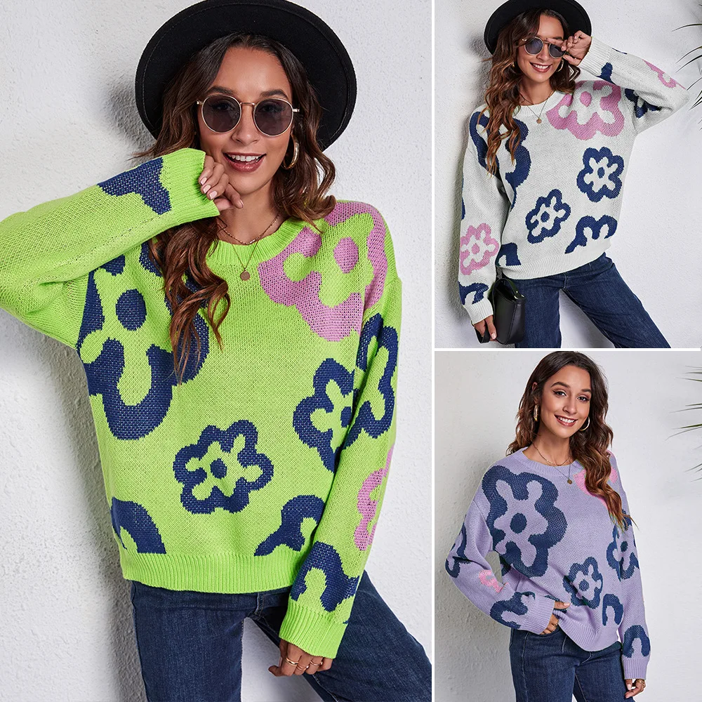 Custom logo knitted top knitwear soft Long Sleeve Loose Floral Jacquard Drop Shoulder pullover Knit Women Sweater