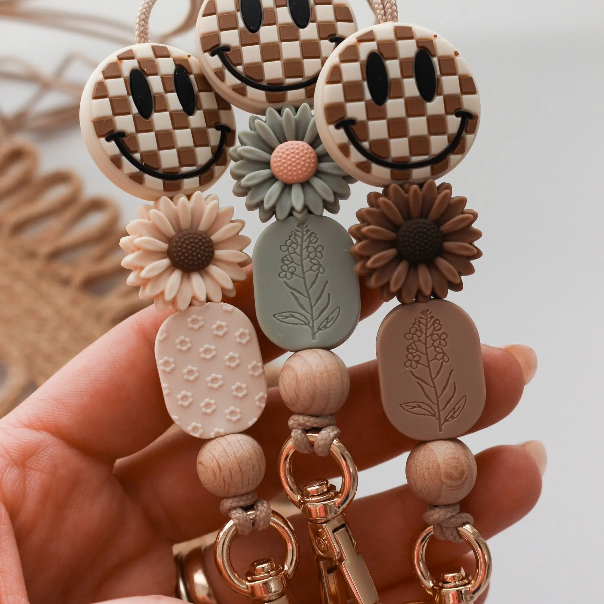 New Style Chic Bohemian Style Silicone Beads Daisy Smiley Face School Day Lanyard Key Chain