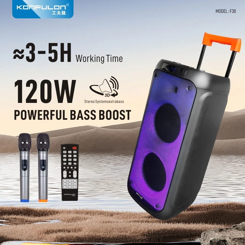Konfulon New product Strong Bass Outdoor 120w Bluetooth Speaker Loud Stereo Sound Karaoke Bluetooth Speaker With Microphone