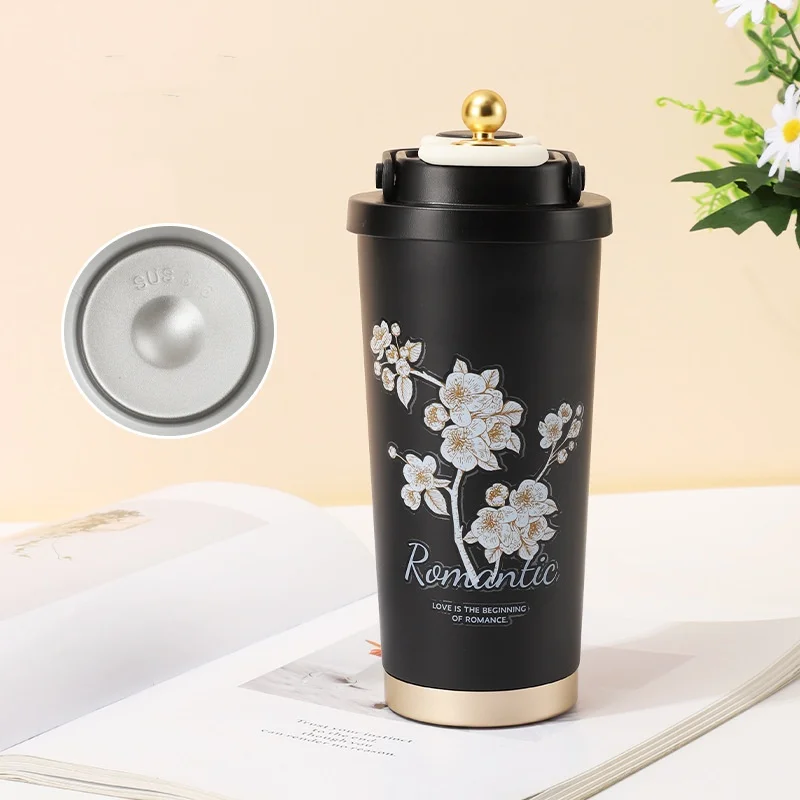 Hot Selling 2024 Flower Good-looking Stainless Steel Bottle Coffee Thermos Cup Straw Double Drink Cup Portable Mugs Drinkware