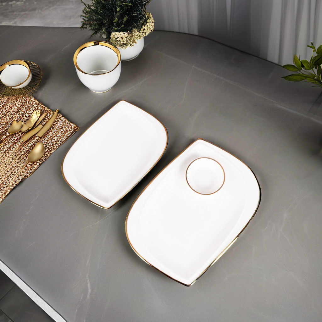 Custom Printed White Bone China Nordic Western Ceramic Creative Gold Rim Dining Room Service Irregular Salad/Dinner Plate