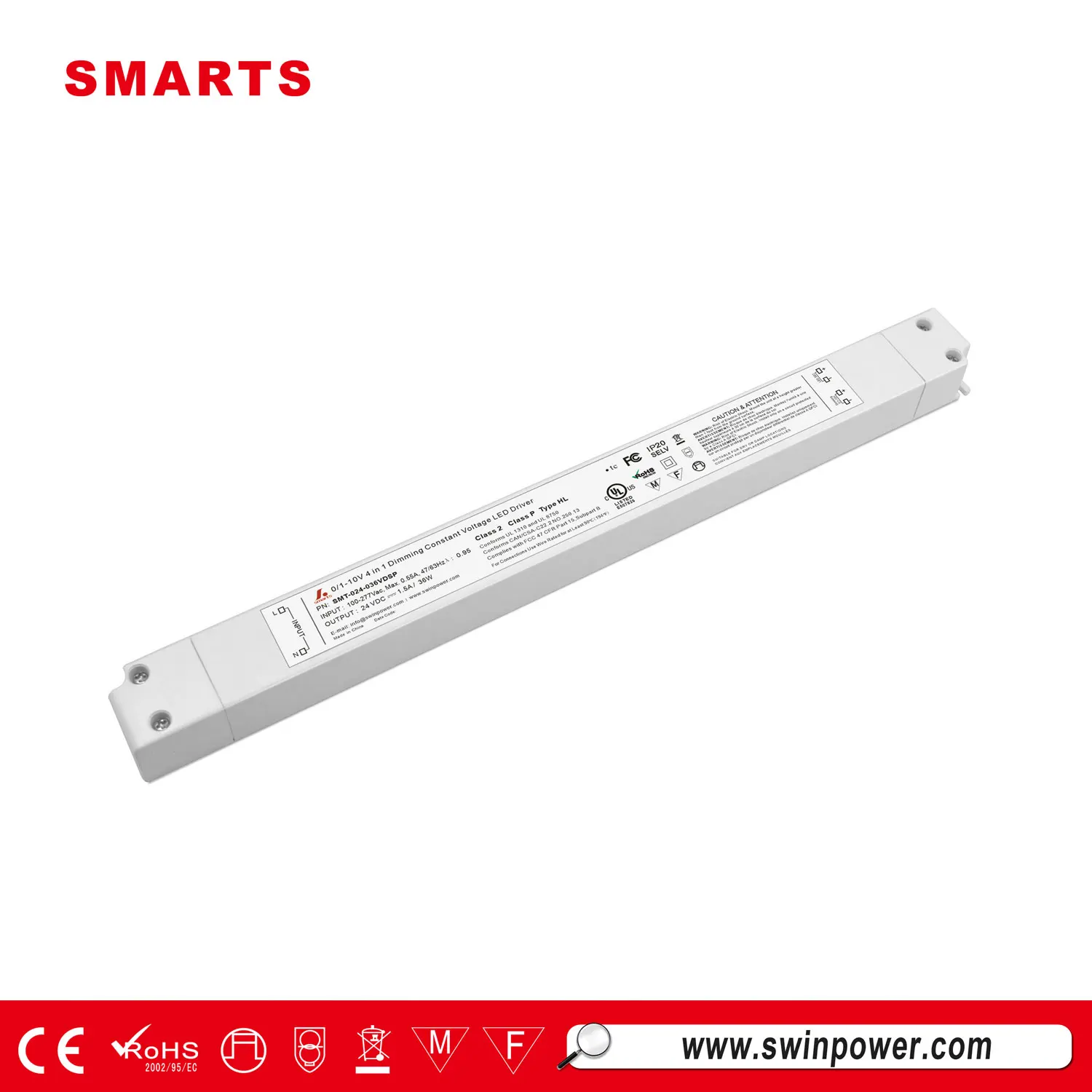 UL approval 24VDC 36w led driver 0 -10V slim power supply led plastic led strip
