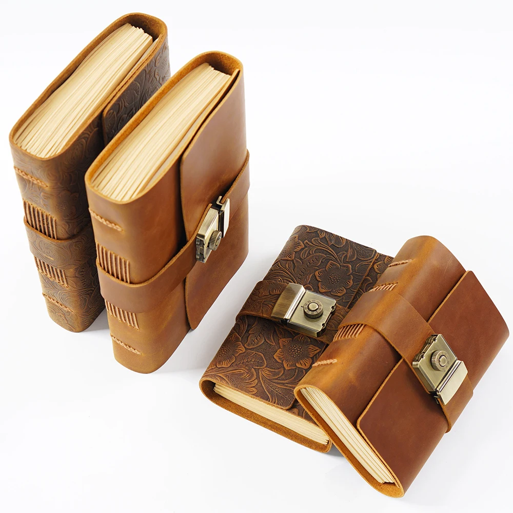 Vintage Genuine Leather Diary Hand Ledger Combination Lock Stationery Gifts Top Layer Cowhide Notebook Business Journals Custom