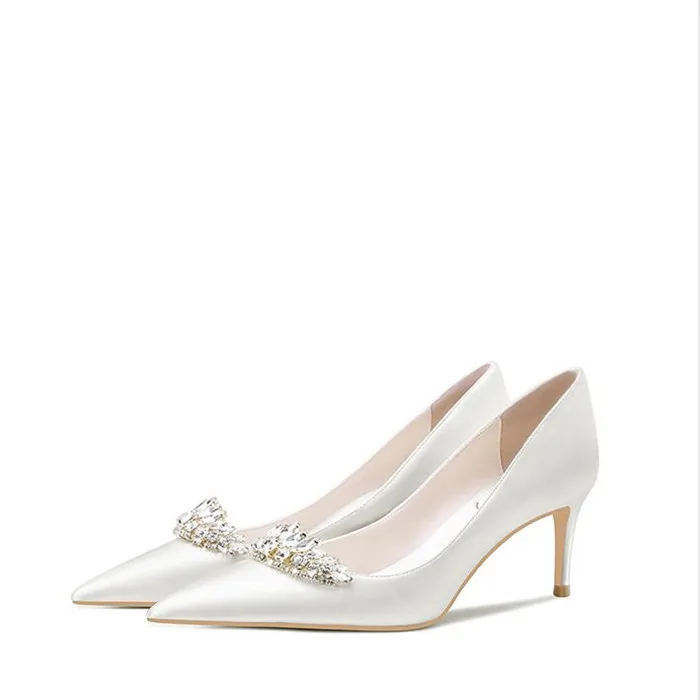 
Handmade Women Wedding Shoes Silk Satin High Heeled Crystal Dress Shoes Bride Shoes 