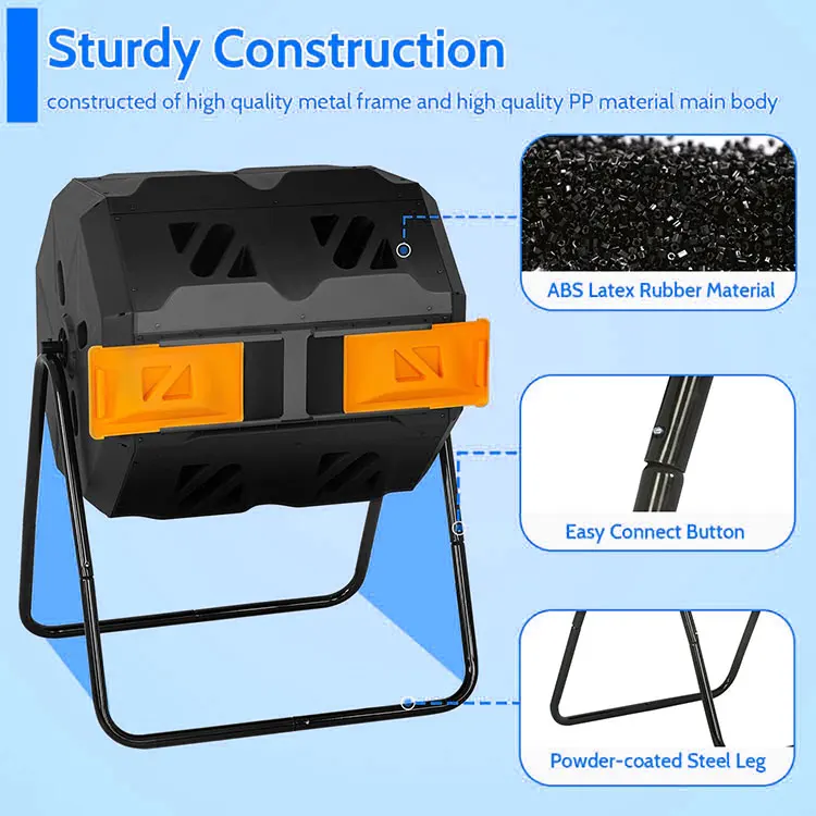 43 Gallon Outdoor Tumbling Compost Bin Compost Tumbler Bucket Trash Can Chamber Sliding Doors Composting Bins