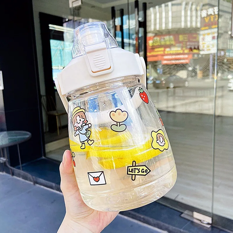 Custom Students Children Strap Straw Cute Large Capacity With Straw Novelty Portable Cartoon Sticker Plastic Water Bottle