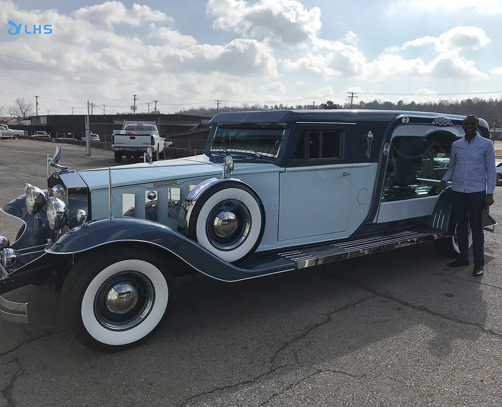 Electric funeral classic car promotional price glass covered coffin hearse carriage wholesale vintage funeral car with speaker