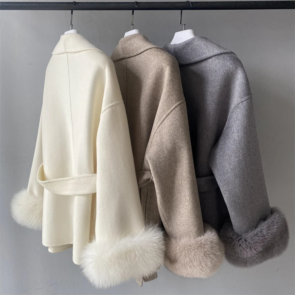Custom Handmade Outdoor Winter Belted Double Faced Women Classic Cashmere Coat Luxury Real Big Fox Fur Cuff White Wool Coat