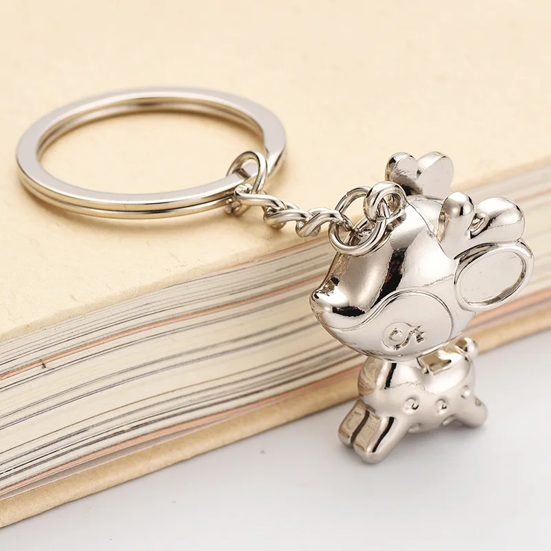 Customized 3D Craft Cute Deer Animal Toys Keyrings  Cartoon Key Chains Christmas Gifts Tree Car Decoration Gold Metal Keychains