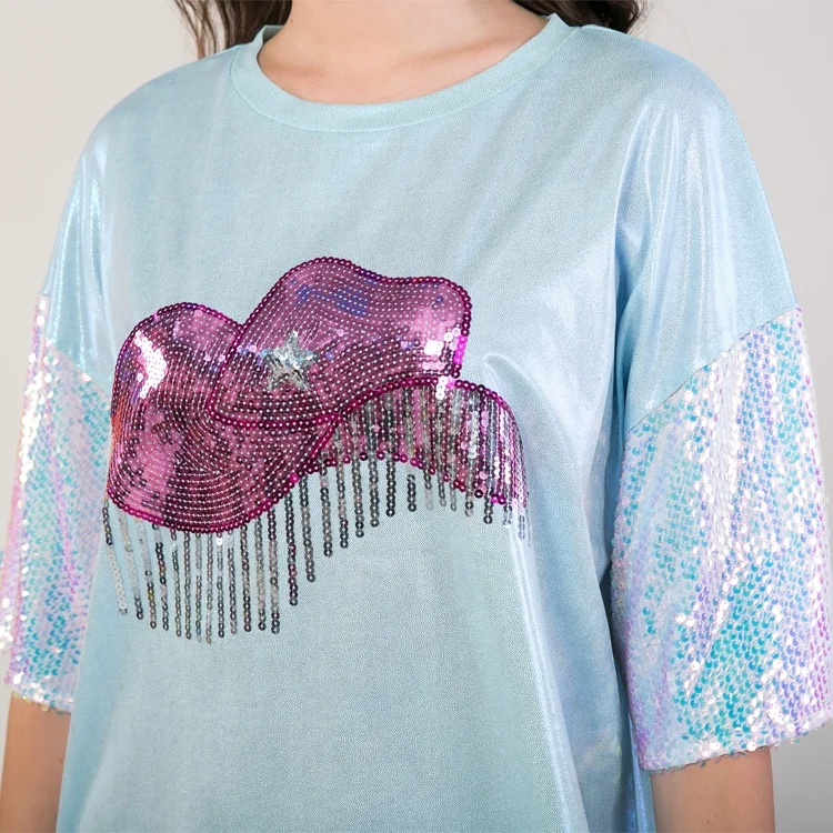 Custom Shinny Crew-Neck Lightweight Plus Size Sequin Cowgirls Pattern Dot Crystal T-shirts for Women