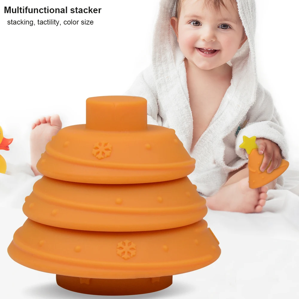 Christmas stacking toys Tree Shape Babies Teether Silicone Building Blocks Set Toddler silicone stacking toys
