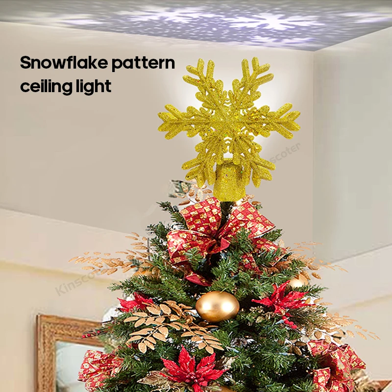 Christmas Tree Topper Rotating 3D Glitter Lighted Star Silver Snowflake Christmas LED Projector Light for Tree Top Ornament