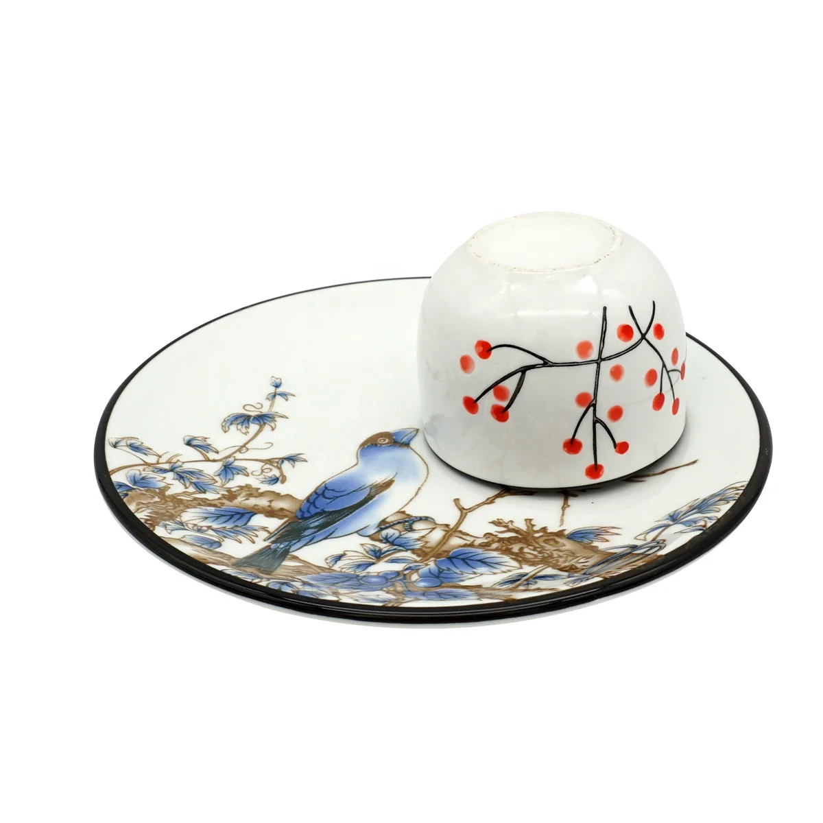 Mini 4oz Chinese Classic Black Rim Coffee Cup Wholesale Ceramic Tea Cup With Color Tray