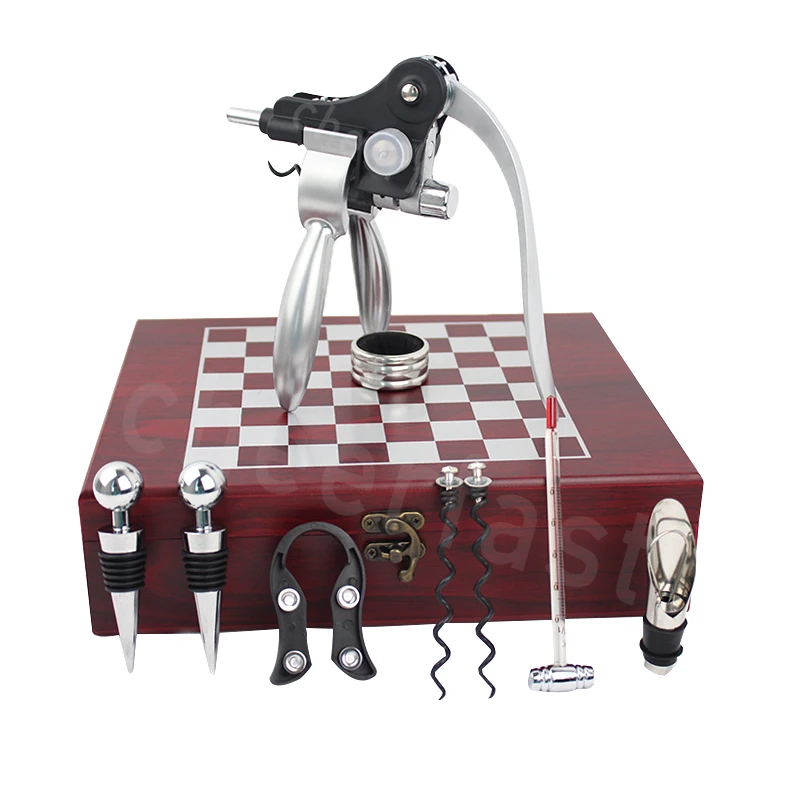 Custom Wine Bottle Opener Manual Rabbit Lever Corkscrew Gift Set Chess Wine Accessories Set In Wooden Box