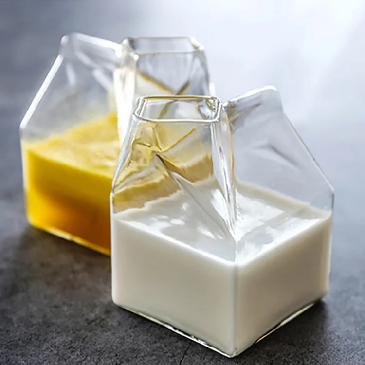 Reusable Clear 12 Oz Glass Milk Carton Durable Square Carton Shaped Mini Cute Glass Milk Jug Bottle Milk Cups for Coffee Juice