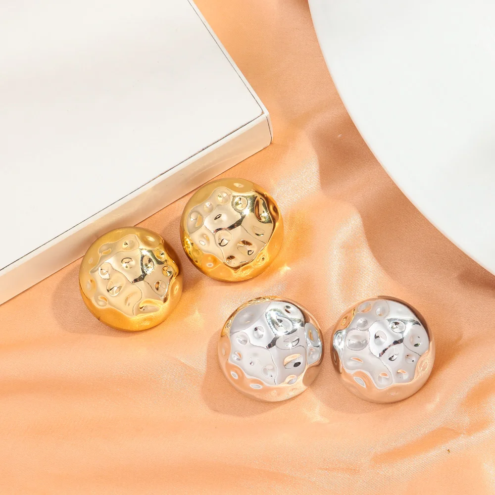Korean Popular Statement Jewelry Oversized Hammered Earring Jewelry Metallic Color Gold Filled Trend Acrylic Round Stud Earrings