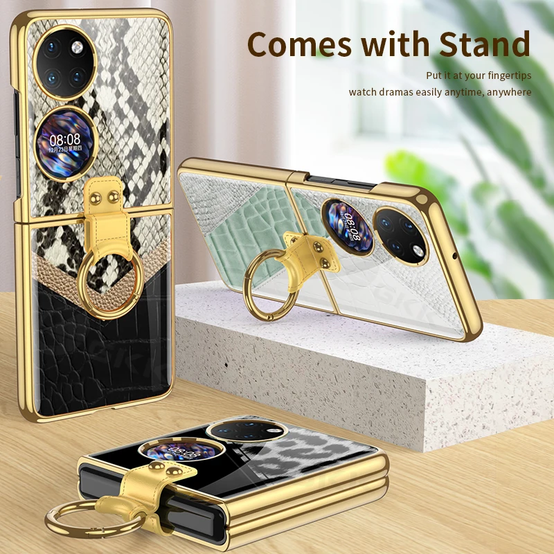 Luxury Leather Plating Hard PC 9H Camera Tempered Glass Protective Cell Phone Case For Huawei P50 Pocket ZFlip 3