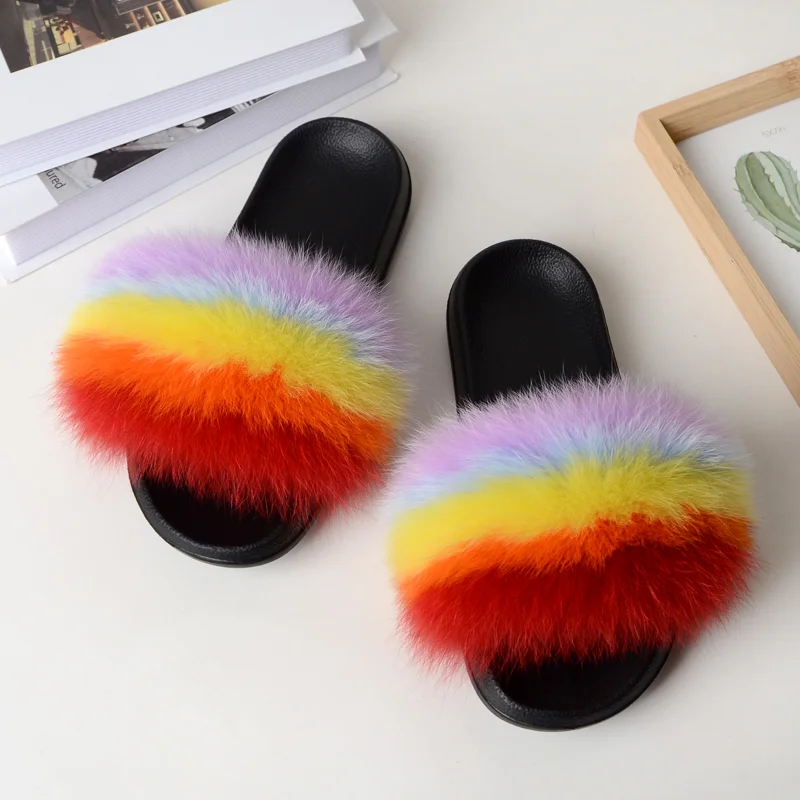 
black and purple blend popular women soft fur 100% fox fur slippers 