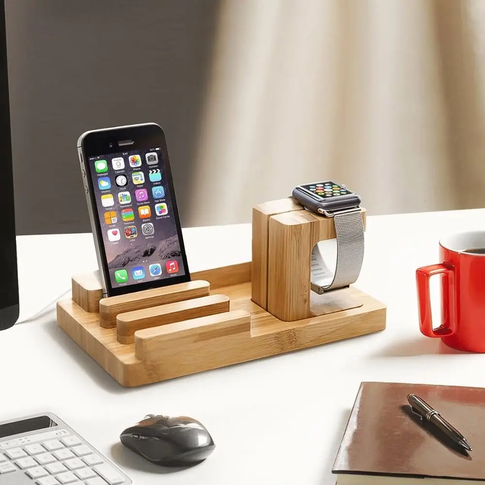 Watch Stand Wood Charging Dock Station With 4-Port Usb,Multi-Device Organizer Cradle Bamboo Holder For