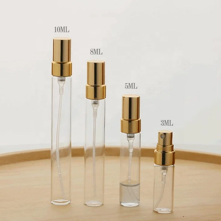 Mini Size 2ml 3ml 5ml 10ml Travel Pocket Sized Empty Glass Spray Perfume Bottle with Gold Aluminum Pump