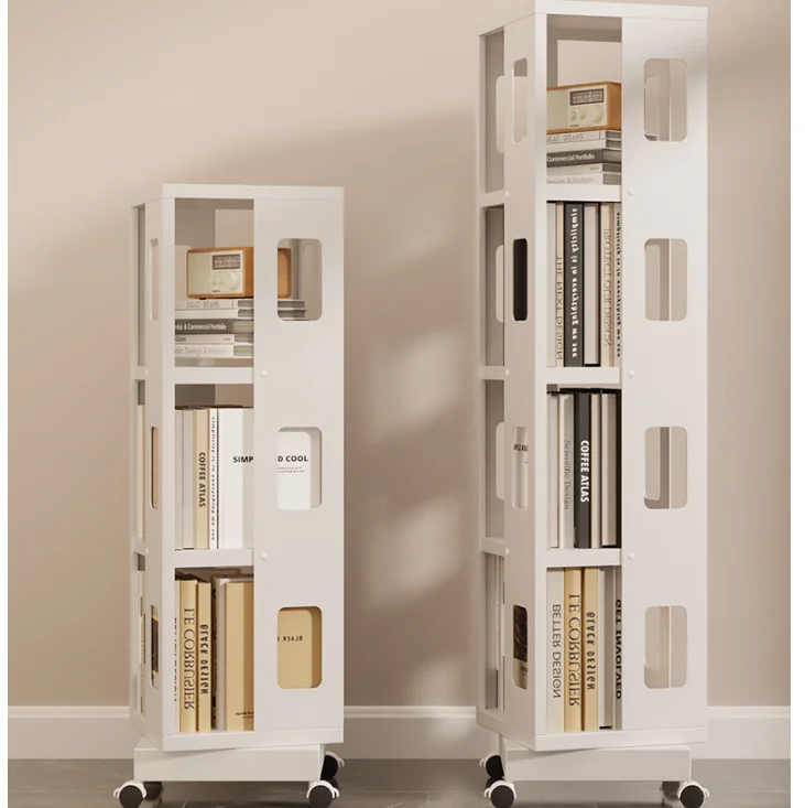 Space Saving Steel Rotating Bookshelf with Mobile Wheels 360° Book Shelf for Library Study Room Bedroom Floor-Standing Bookcases