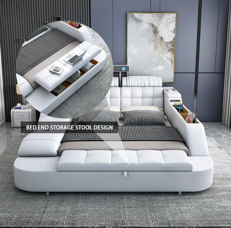 2024 High quality luxury leather Smart Bed Multi-functional bed Bedroom furniture Hotel King bed with storage