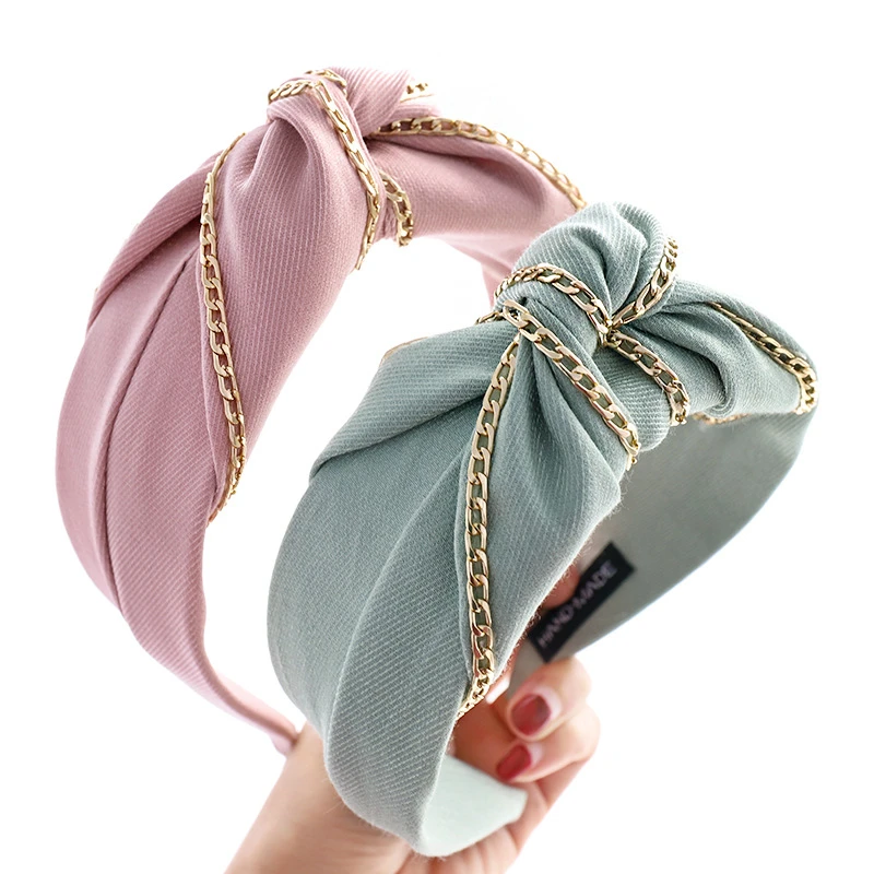 Широкая однотонная тканевая повязка на голову с узлом и цепочкой для женщин, повязки для волос, аксессуары