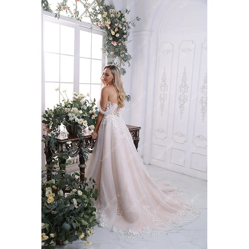 Hot Sexy Plunge V Leaf Applique Sheer Corset Women Off Shoulder Gown Glitter Tulle Sweetheart Bridal Wedding Dresses Elegant
