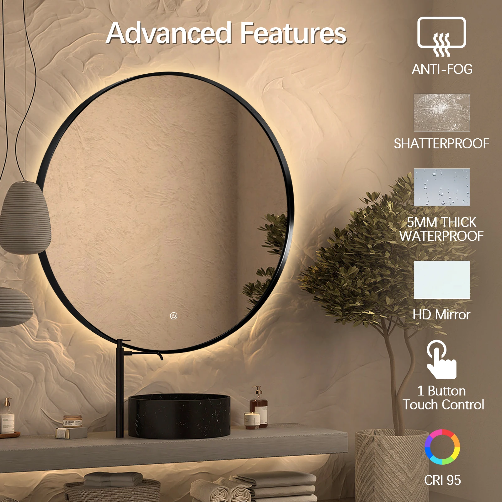 Hot Selling Metal Black Framed Mirrors Circle Decorative Wall Mirror Vanity Bathroom Mirror with Backlit Light