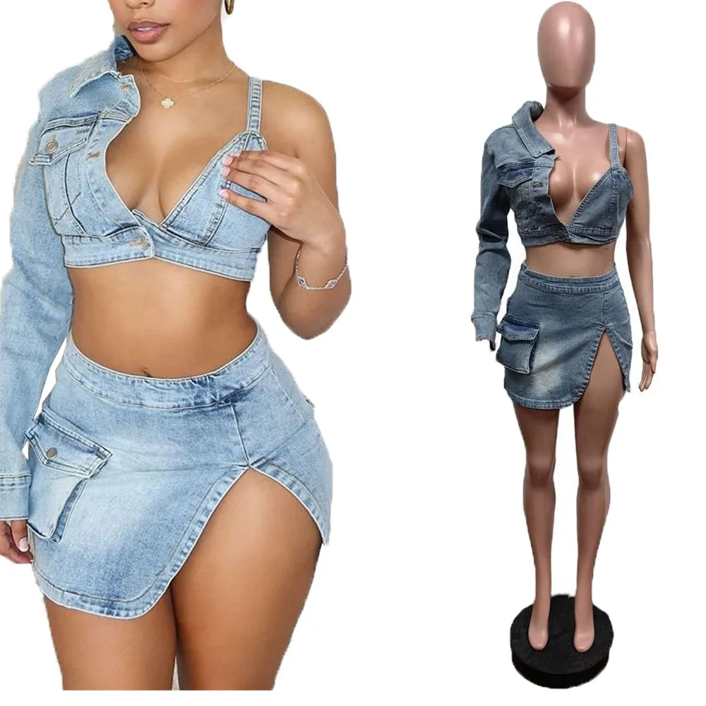 Two Piece Set Women Blue Denim Asymmetrical One Shoulder Bra Jacket And Mini Spilt Skirt Matching Set