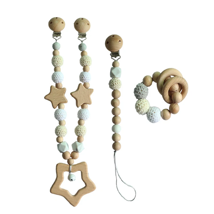 Hot sale baby wooden teethers crochet pacifier chain clip and bracelet gift set