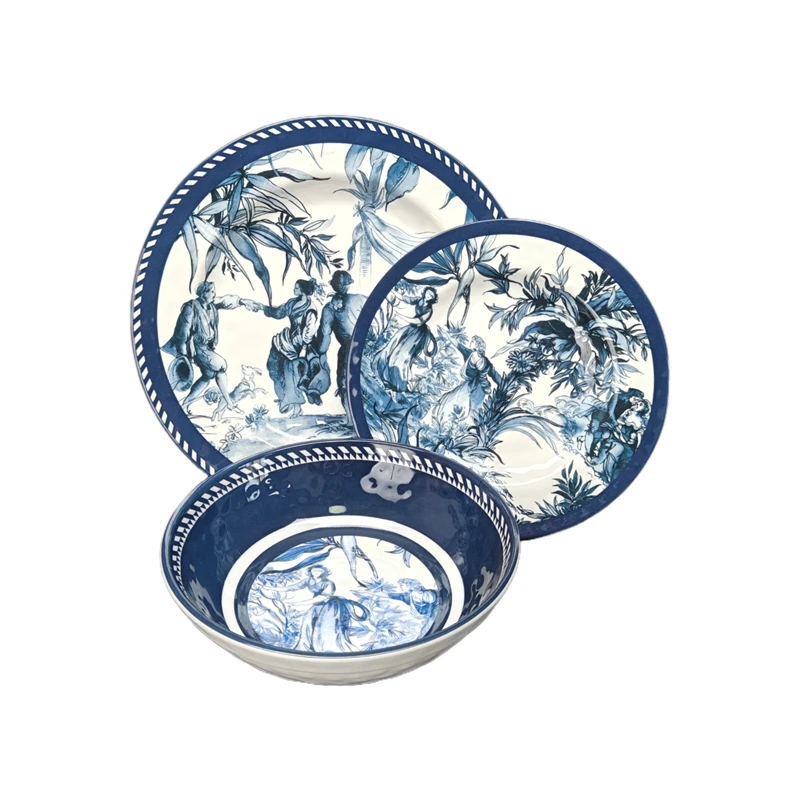European Blue and White Exquisite Ceramic Plate Set Promotional Dinnerware with Square Flower Pattern for Home or Wedding Use