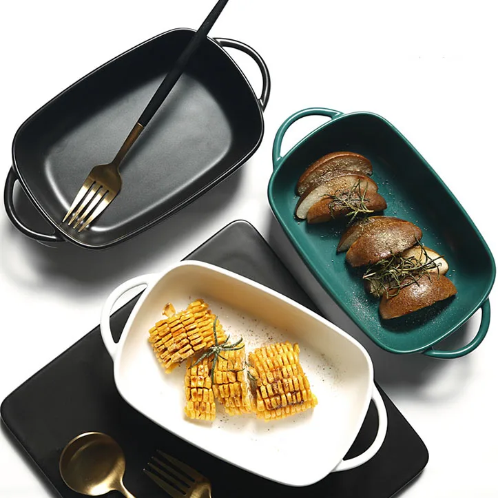 Rectangular cake microwave bakeware ceramic dinner set nordic baking plate porcelain bakeware with handle baking dish