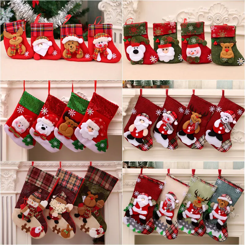 New Xmas Stocking Snowflake Santa Plaid Sequin Edge Christmas Tree Decor Gift Funny Craft Christmas Stocking